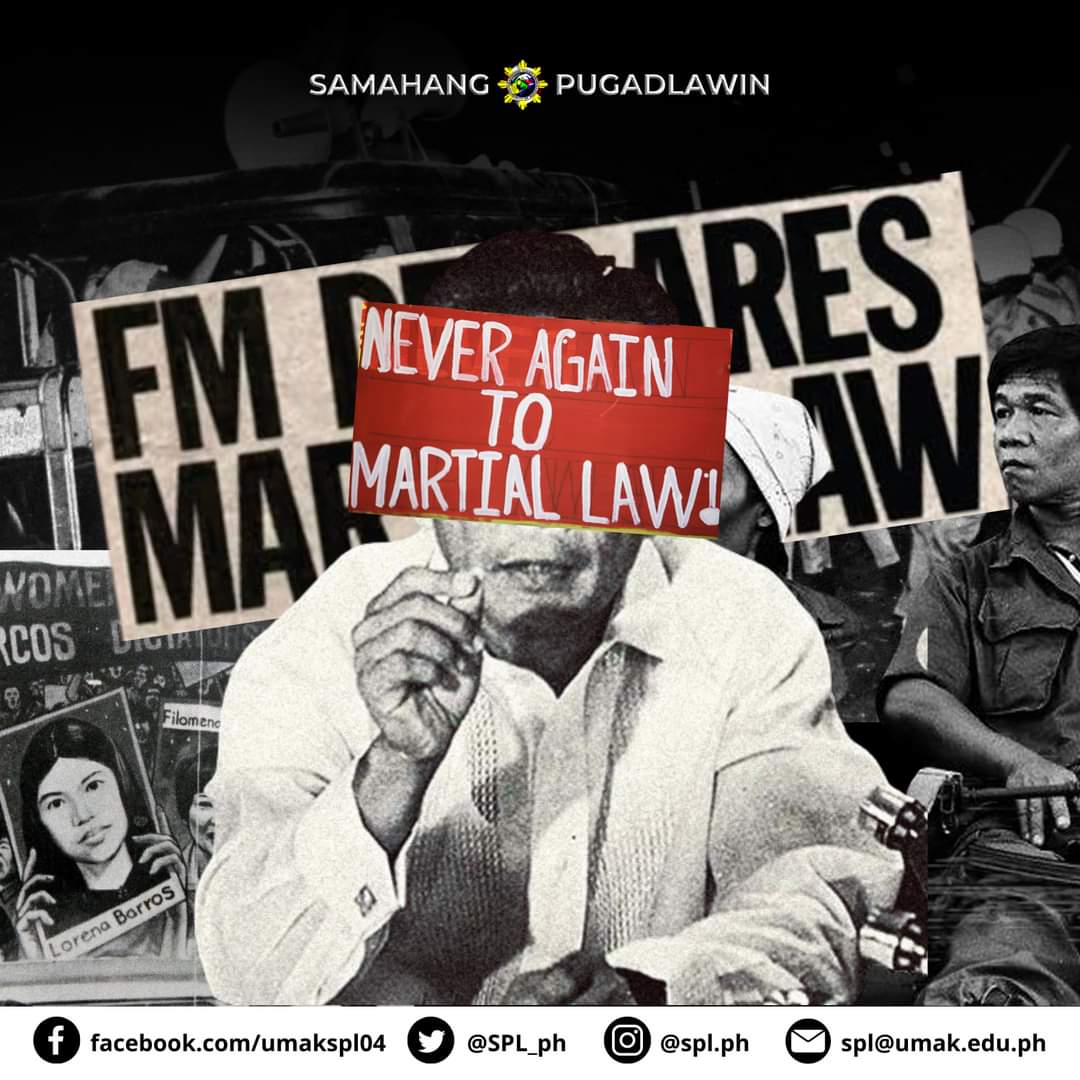 SPL_ph's tweet photo. Ngayon ang ika-limampung taon na anibersaryo ng Batas Militar. Dala pa rin ang karahasang hindi malilimutan, kaya naman, ang SPL ay muling makikiisa sa bawat biktima tungo sa hustisyang patuloy pa rin na sinisigaw ng Bayan.
#HindiMakalilimot
#ML@50
#SPL2022 https://t.co/tHhGVN1sC7