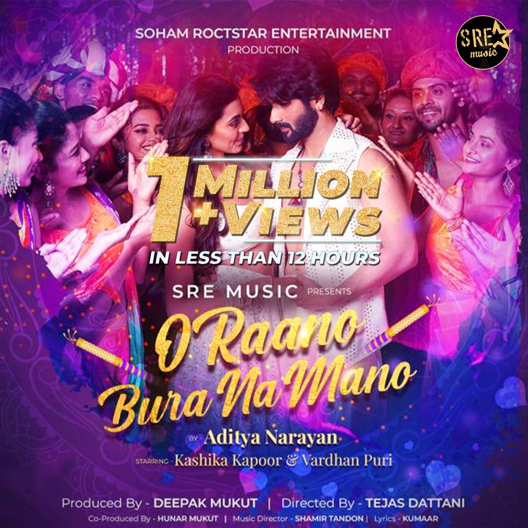 SohamRockstrEnt's tweet photo. #ORaanoBuraNaMano at 1 million views in less than 12 hours! #Grateful 
#NavratriTrack #Sohamrockstarent #SREmusic    

@PuriVardhan @kashikakapoor9 @DeepakMukut @HunarMukut @sohammukut123 @SohamRockstrEnt @sre_music 
@PraveshSippy #AdityaNarayan @DattaniTejas https://t.co/5BIHdic4IZ