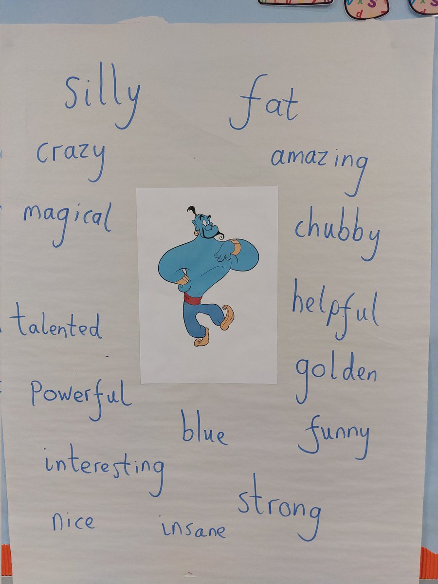 Our story focus in writing has been Aladdin! We came up with our own adjectives to describe the Genie and Aladdin and shared them as a group.