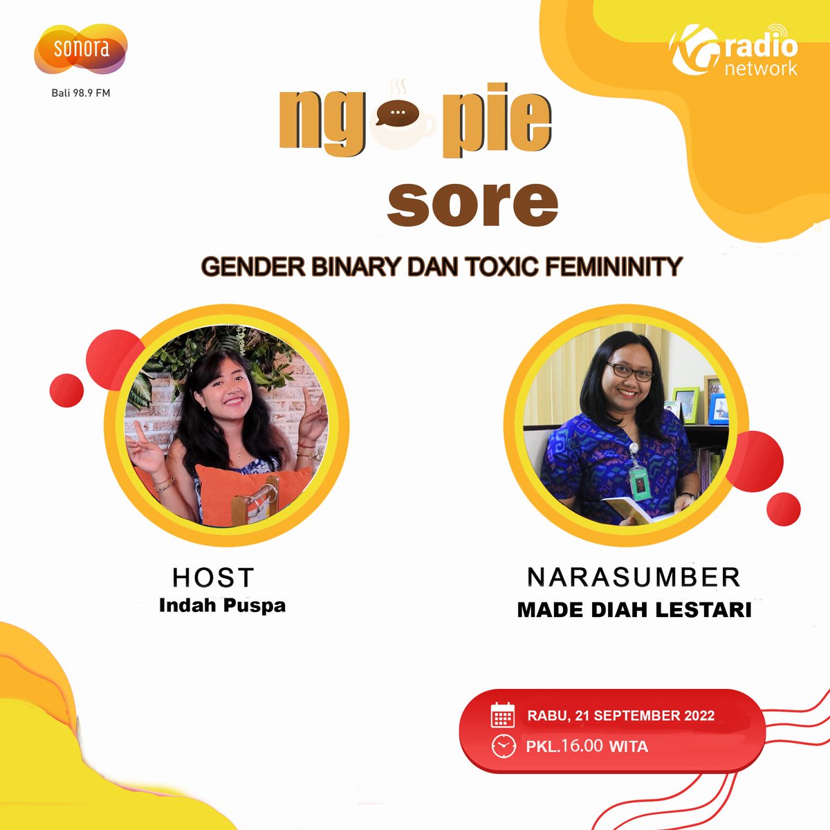 sonora_bali's tweet photo. Nanti sore di #NgopieSore segmen #RuangPsikologi Indah Puspa bakalan ngobrol bareng Made Diah Lestari yang akan angkat topik " Gender Binary & Toxic Feminity"
.
ποΈ: Rabu,21 September 2022
π: 16.30 wita
π: https://t.co/JnCiYK7Znt
#psikolog #feminist #mentalhealth #talkshow https://t.co/57bsG9h0pz