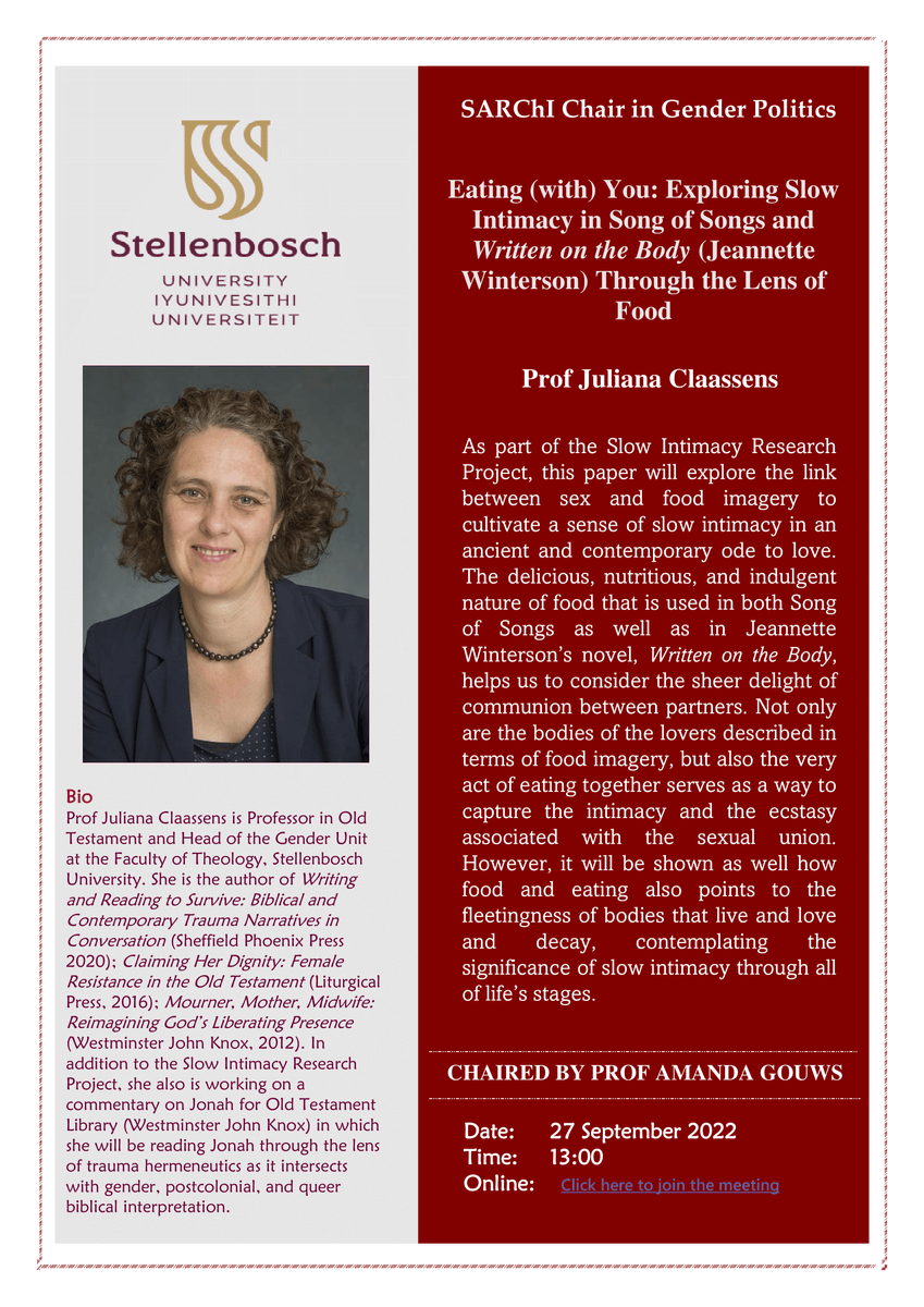 Join the South African Research Chair in #Gender Politics for their upcoming webinar, featuring Prof Juliana Claassens of <a href="/StellenboschUni/">Stellenbosch University</a>. 

🗓️ 17 September 2022, 13:00 SAST

Join -> teams.microsoft.com/l/meetup-join/…
