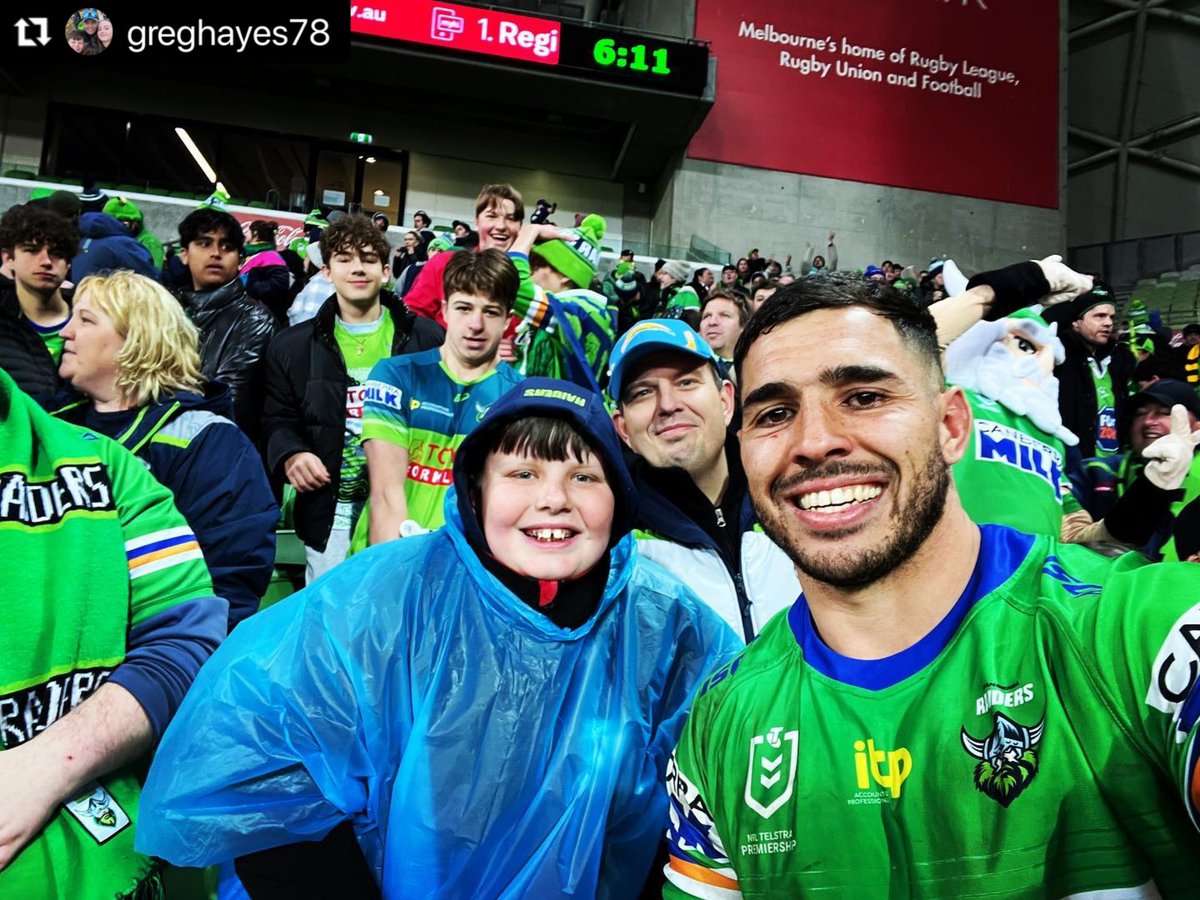 TheGHRaiders's tweet photo. The final two winners of the year in our #WeaRGreen2022 and #FromAllAngles photo comp. Winners were grinners for Greg and all Canberra Raiders fans after the Round 18 victory over the Storm in Melbourne. But things weren’t as much fun last Friday night for Stacey and her son. https://t.co/YJuqls1mfa