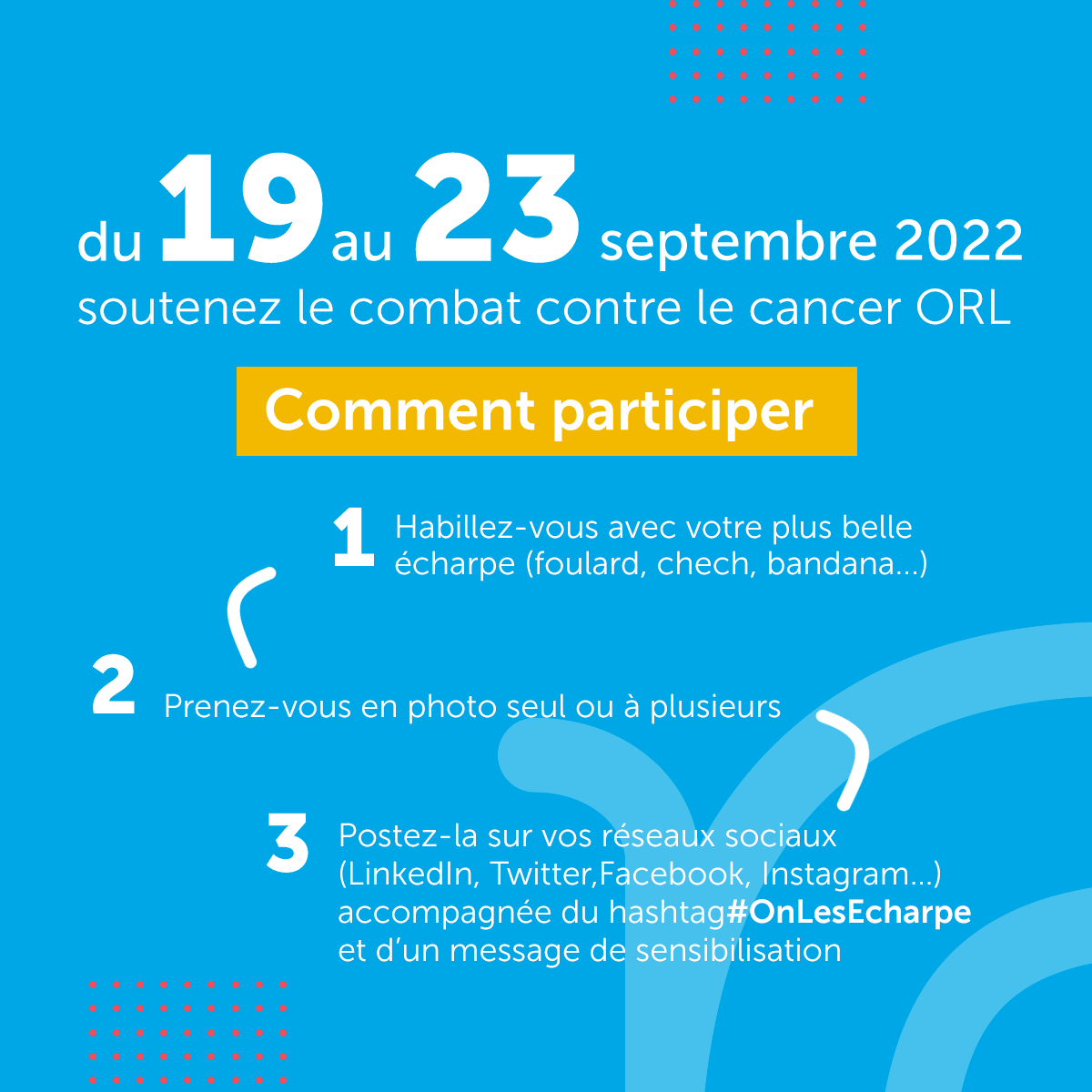 Participez à la #MakeSenseCampaign, sensibilisez et incitez au dépistage !
Aidez-nous à informer sur les #symptômes et sur les #cancersORL🧣
1 selfie avec une écharpe sur les réseaux = 1 sensibilisation💪 
#CancersORL #OnLesEcharpe