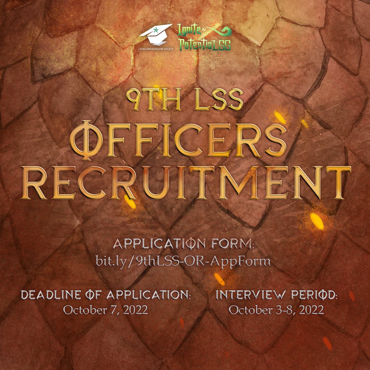 DLSUScholars's tweet photo. Scholars, it's time to conquer new beginnings! 

Realize, ignite, and fulfill your potential in becoming a student leader by grasping the opportunity to be an officer for the sole representative body of the Lasallian undergraduate scholars.🔥

#9thLSS
#Ig9thPotentiaLSS https://t.co/tJJV0xWgF4