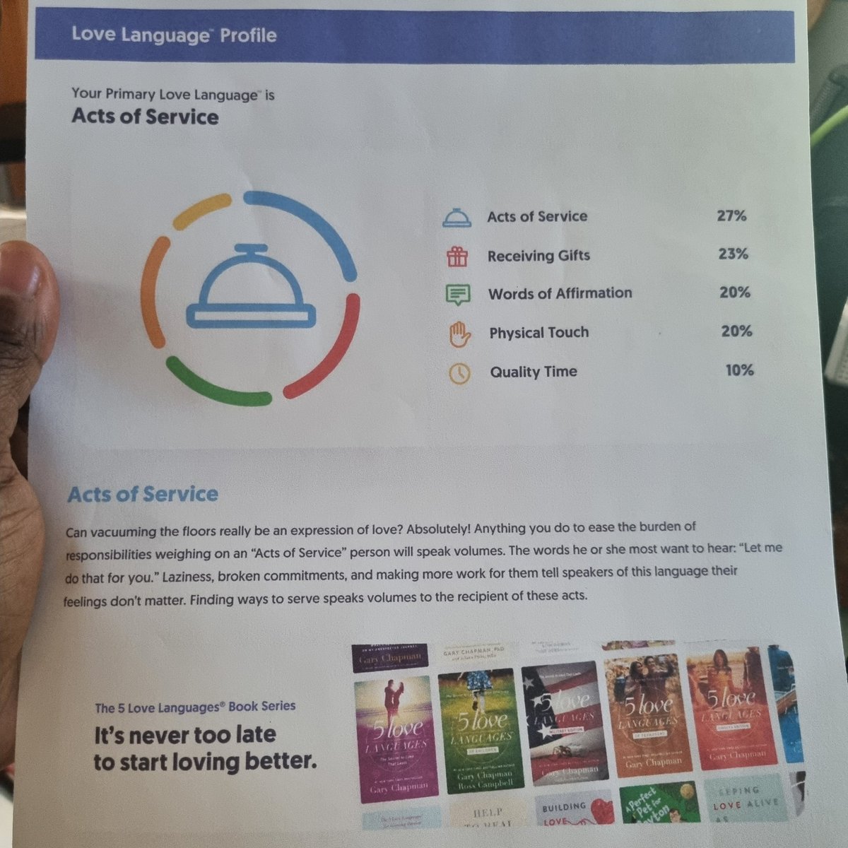 Rainyhort1's tweet photo. Wow.. I think everyone should do this quiz when they can.😏 This was quite accurate. I need to strengthen quality time. But I do love serving others. 😌

#TheFiveLoveLanguages ❤️💜💙💚💛🧡❤️ https://t.co/ZlSeE8lFc1