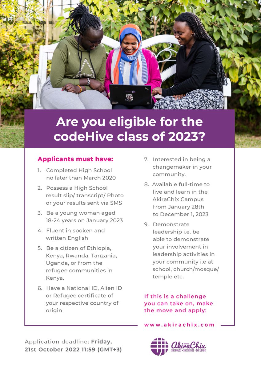ResilienceAct's tweet photo. @NigeeKenya @lwdwork @stfrancishcs Applications for the AkiraChix #codeHiveClassof23โ program are now open and here is all you need to know about the eligibility criteria. If this is a challenge you can take on, apply here before 21st October 11:59 (GMT+3)
https://t.co/NXHI8sUY8L https://t.co/EuytCnADAi