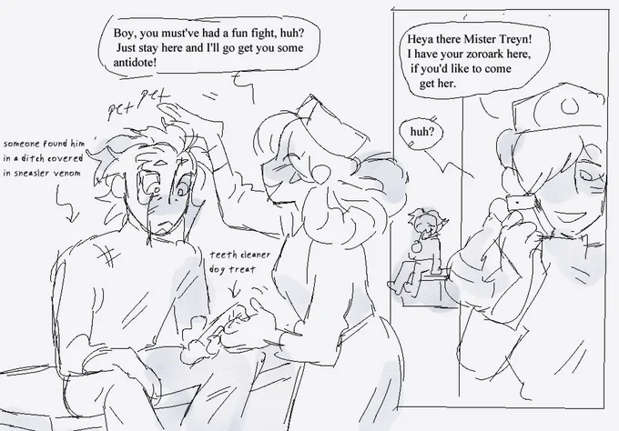 Ingo gets home and the first person who finds him is a nurse joy who assumes him to be a very battered zoroark (meanwhile Ingo's chilling with his free dog treats :]) 