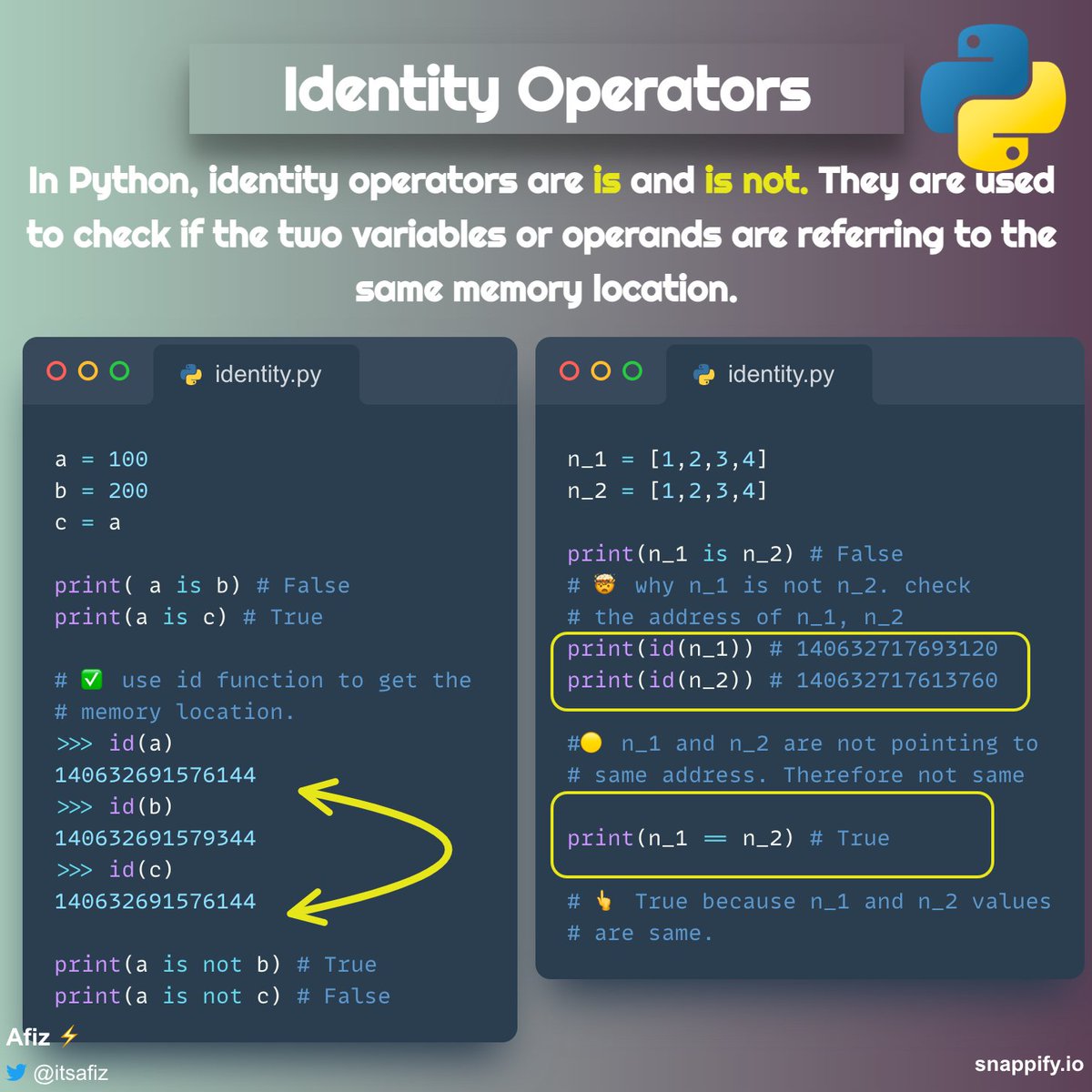 Identity Operators in Python (with code snippets) In Python, identity ...