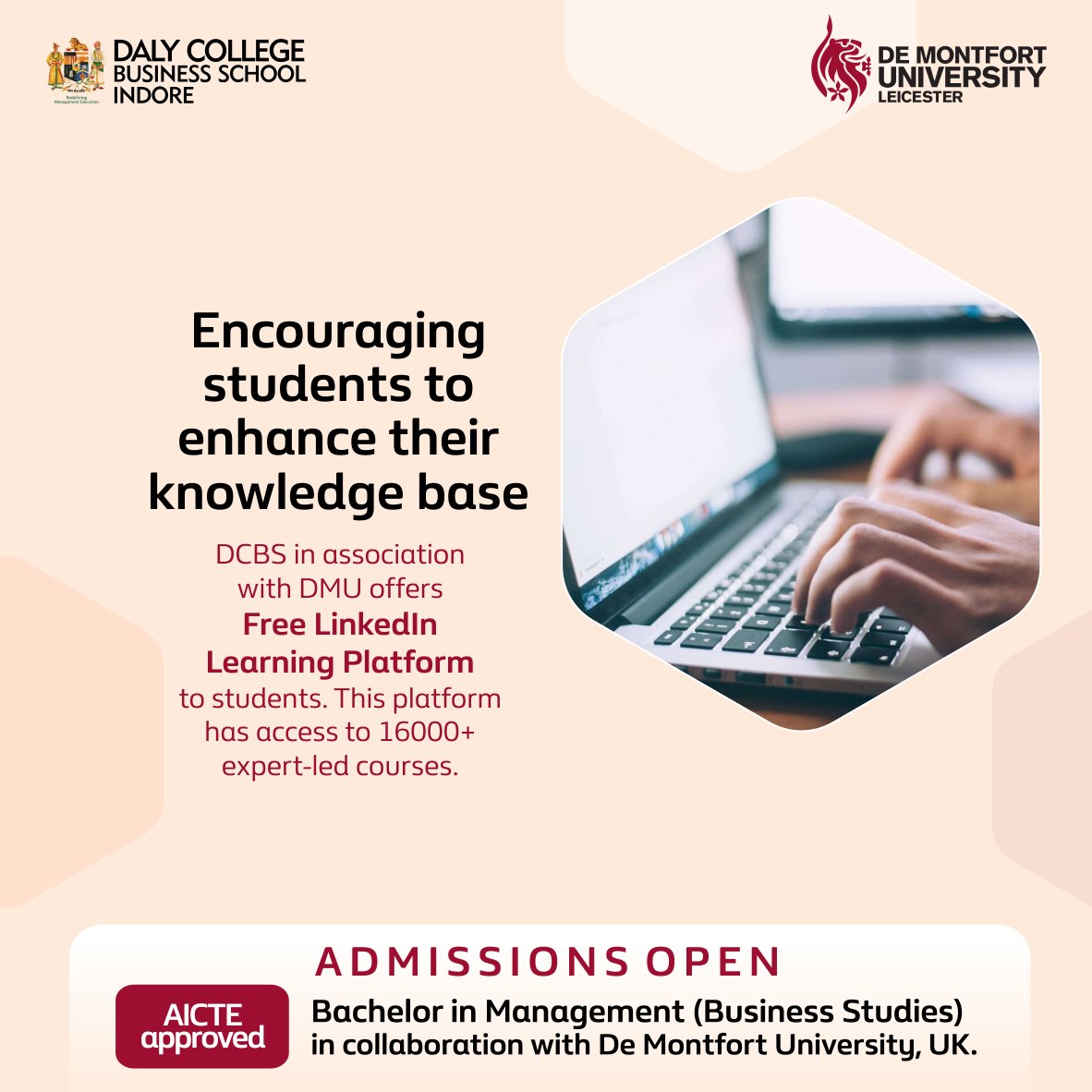 DcbsIndia's tweet photo. Every endeavor at DCBS is aimed at grooming tomorrow's business leaders....take admission and step ahead on the path of success.
____
#DCBS #DCBSEdge #DalyCollegeBusinessSchool #DalyCollegeIndore #DMU #LinkedIn #LearningPlatform https://t.co/gybuvRXiSs