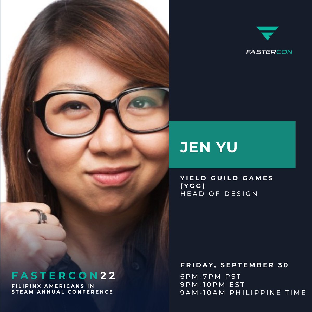 fastersteam's tweet image. Hear @YieldGuild Games Head of Design Jen Yu speak at this year's Filipinx Americans in STEAM @fastersteam conference #FASTERCON22 on all things #web3 #gaming #blockchain #crypto. 
Register bit.ly/FASTERCON22D1 

#FASTERCON #Filipinx #FilipinxinSTEAM 
#FilipinxAmericansinSTEAM