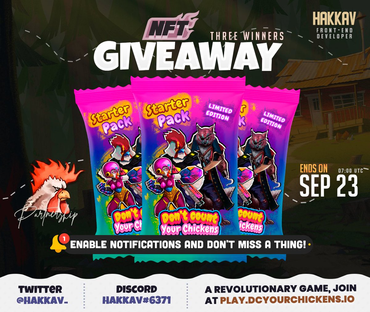 hakkav_'s tweet photo. STARTER PACK: DCYC🐔
1️⃣Follow @dcyourchickens&amp; @hakkav_
2️⃣Like, retweet and comment tagging +3 friends.
3️⃣Join https://t.co/pdblb4aQTg
🗓️Ends 23/09 07:00 UTC

Participate now, good luck!🦁#NFTCommunity #NFTGiveaway #WAXP #NFTProjects #NFTdrop #SolanaNFT #NFT #NFTArt @WAX_io https://t.co/uhYxGCQlMP