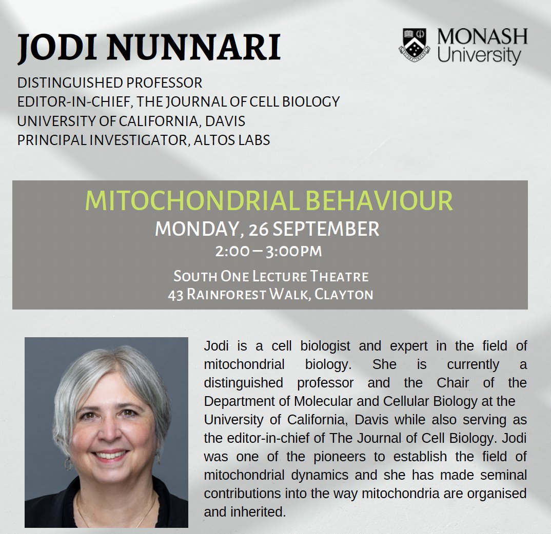 Traude Beilharz (@traude_beilharz) on Twitter photo Pretty excited for this seminar by <a href="/jodi_nunnari/">Jodi Nunnari</a> on Monday!
As a PhD student working on Mitochondria, ~20 years ago, Jodi's research on mitochondrial dynamics was the coolest! I'm pretty sure nothing has changed and look forward to the update.
#WomenInSTEM Pretty excited for this seminar by <a href="/jodi_nunnari/">Jodi Nunnari</a> on Monday!
As a PhD student working on Mitochondria, ~20 years ago, Jodi's research on mitochondrial dynamics was the coolest! I'm pretty sure nothing has changed and look forward to the update.
#WomenInSTEM