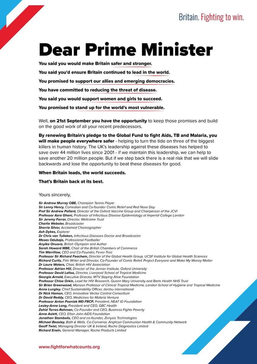 Today I’ve joined people in the world of science and business, and health champions to call on our 
Prime Minister to help save 20m lives by making a bold pledge at <a href="/GlobalFund/">The Global Fund</a>. It's time 
to #FightForWhatCounts by ending three of the biggest killers – AIDS, TB &amp; malaria
