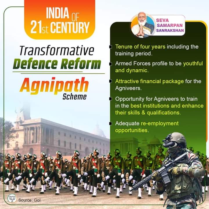 TEAMParminder's tweet photo. सेवा समर्पण संरक्षण

"अग्नि पथ योजना" पीएम श्री नरेंद्र मोदी के नेतृत्व में युवाओं के सेना में शामिल होने और राष्ट्र की सेवा करने के सपनों को करेगी पूरा।

 #IndiaOf21stCentury #BJP4IND #BJPonTop #BJPGovt https://t.co/eZORYCVskJ