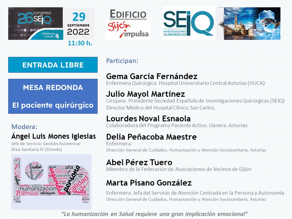 angelmones's tweet photo. Mesa "El paciente quirúrgico" Congreso #SEIQ2022 en @GijonImpulsa 29 sept @JlRodicio @juliomayol @SEIQuirurgica @FavGijon @pisano_marta @deliapm7 @lanuevaespana @elcomerciodigit @astursalud Con personas que representan a un colectivo, y un colectivo que representa a las personas. https://t.co/Xb0Zq7rMKb