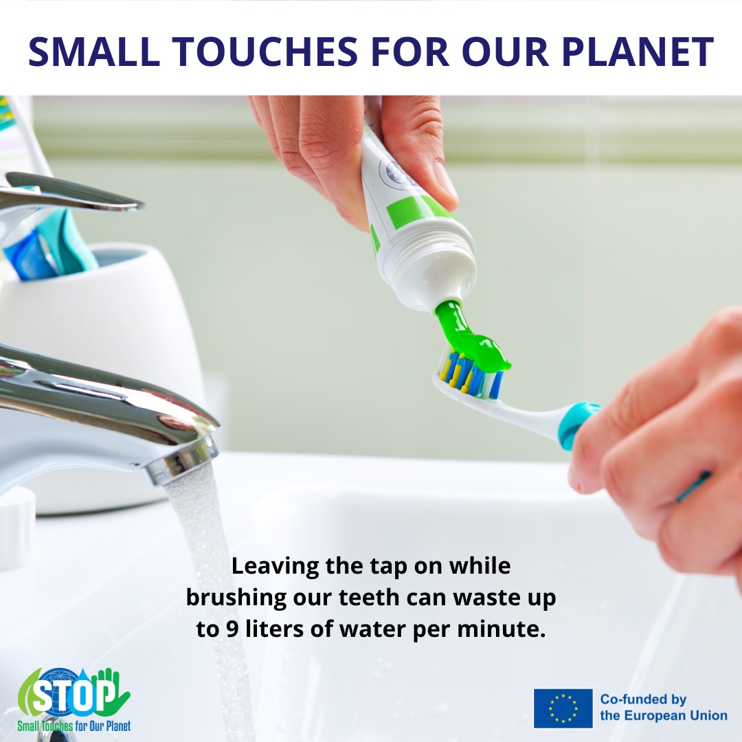 STOPForPlanet's tweet photo. 💭 Leaving the tap on while brushing our teeth can waste up to 9 liters of water per minute. 💦
#stopforplanet
#smalltouchesforourplanet
#erasmusplus
#greenrevolution
#saveplanet
#noplanetBerasmus
#letsdoit https://t.co/GqBh9kRgcp