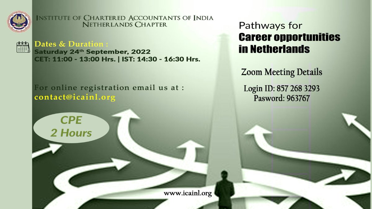 We are delighted to invite you for virtual event (via Zoom meeting), Career Opportunities in Netherlands. 
This event organised for Indian Chartered accountant and CA Students.
#icai #icaistudents #icainl #charteredaccountant #opportunitiesinNL #careeropportunities