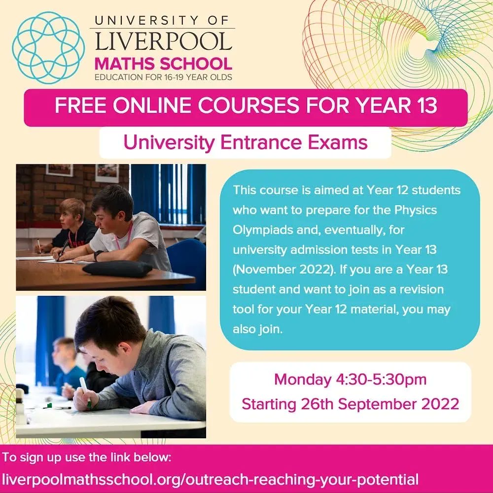 LivMathsSchool's tweet photo. FREE ONLINE LESSONS. We are excited to launch this part of our outreach. For more info on courses and to sign up:
https://t.co/UUjeeDM5tV

Plenty more in person activities coming soon too. Keep following! Please share to friends, colleagues and pupils.

#Alevel #EntranceExams https://t.co/73sb7UN2IL