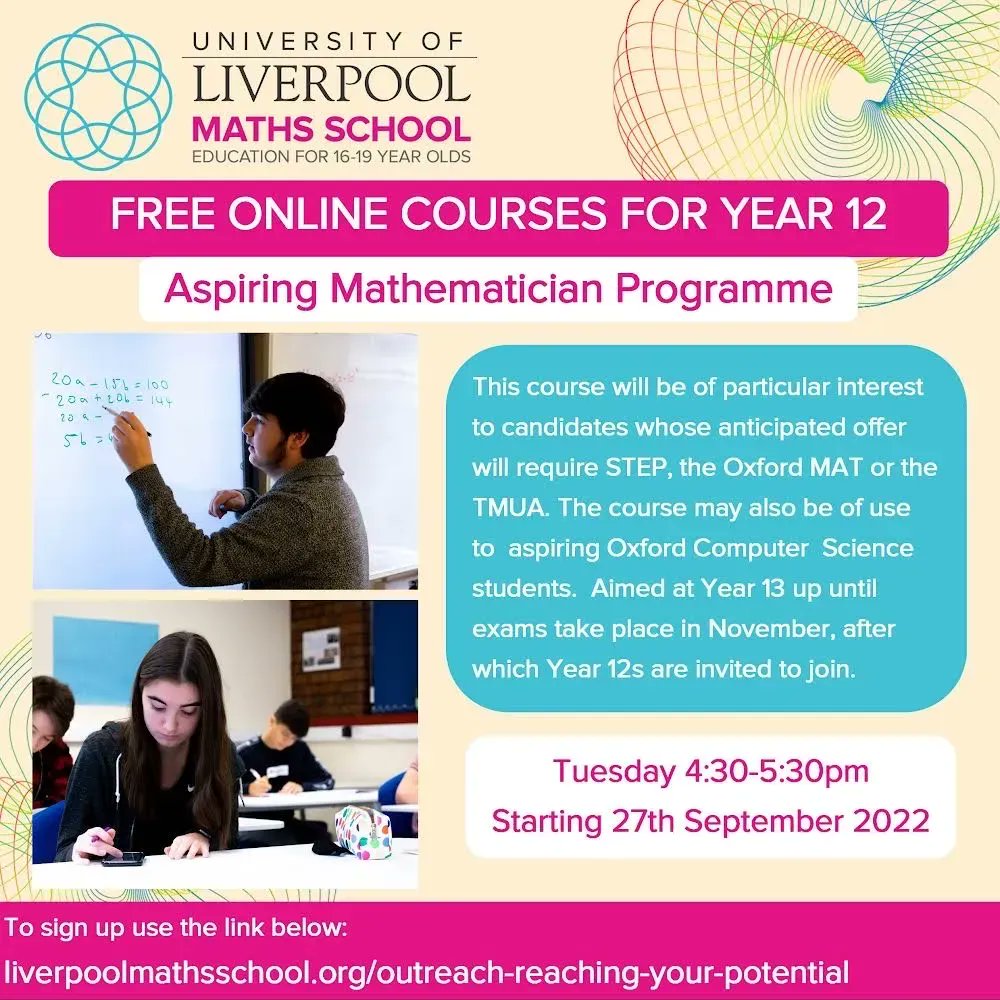 LivMathsSchool's tweet photo. FREE ONLINE LESSONS. We are excited to launch this part of our outreach. For more info on courses and to sign up:
https://t.co/UUjeeDM5tV

Plenty more in person activities coming soon too. Keep following! Please share to friends, colleagues and pupils.

#Alevel #EntranceExams https://t.co/73sb7UN2IL