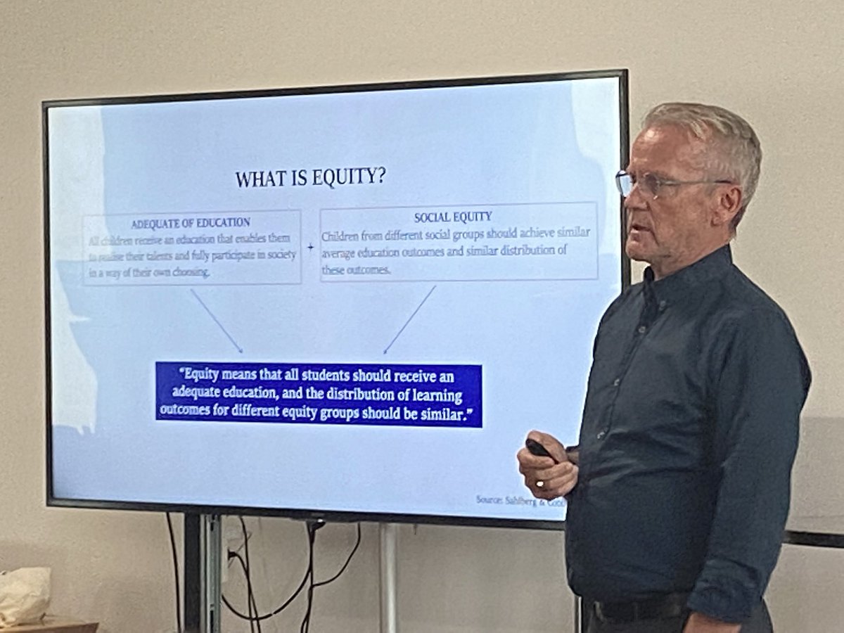 EdleadersA's tweet photo. What is equity in education? “Equity means that all students should receive an adequate education, and the distribution of learning outcomes for different equity groups should be similar” @pasi_sahlberg  @EdleadersA @AdrianoDiPrato @EdRev #EquityInEducation #systemschange https://t.co/49vOlSlpGq