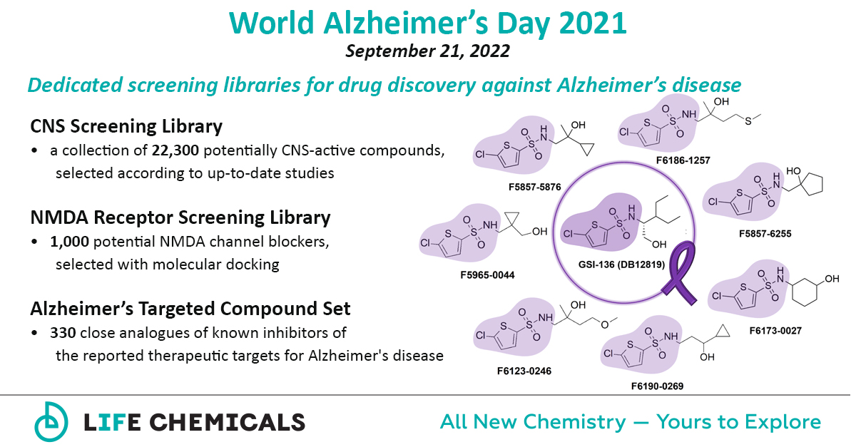 Life_Chemicals's tweet photo. Dedicated to #WorldAlzheimersDay &amp; #WorldAlzMonth, @Life_Chemicals offers several dedicated libraries of #ScreeningCompounds for #MedicinalChemistry projects against this neurodegenerative disease.
Details 📧marketing@lifechemicals.com, 👇 https://t.co/ONjDwEt9xr
