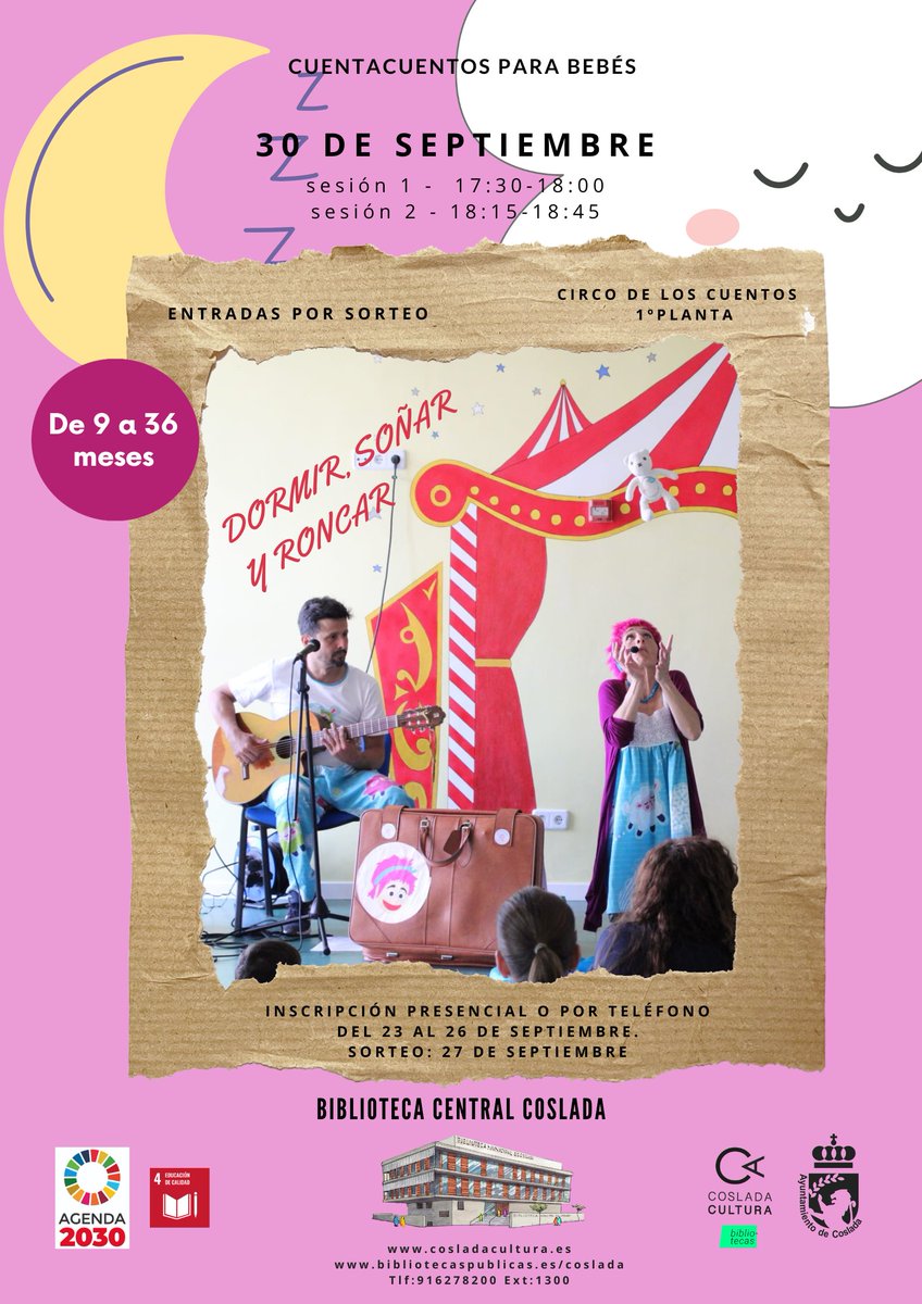 CULTURA | 📚 Cuentacuentos para bebés: 'Dormir, soñar y roncar' 😴💤

🗓️ Viernes 3⃣0⃣ de septiembre a 17:30 y 18:15 hs. en la Biblioteca Central de #Coslada, Avd. Ppes. España 16, Metro La Rambla

🔴 Inscripciones del 23 al 26 sept. ⤵️
Presencial o 📞 916278200 ext. 1300
