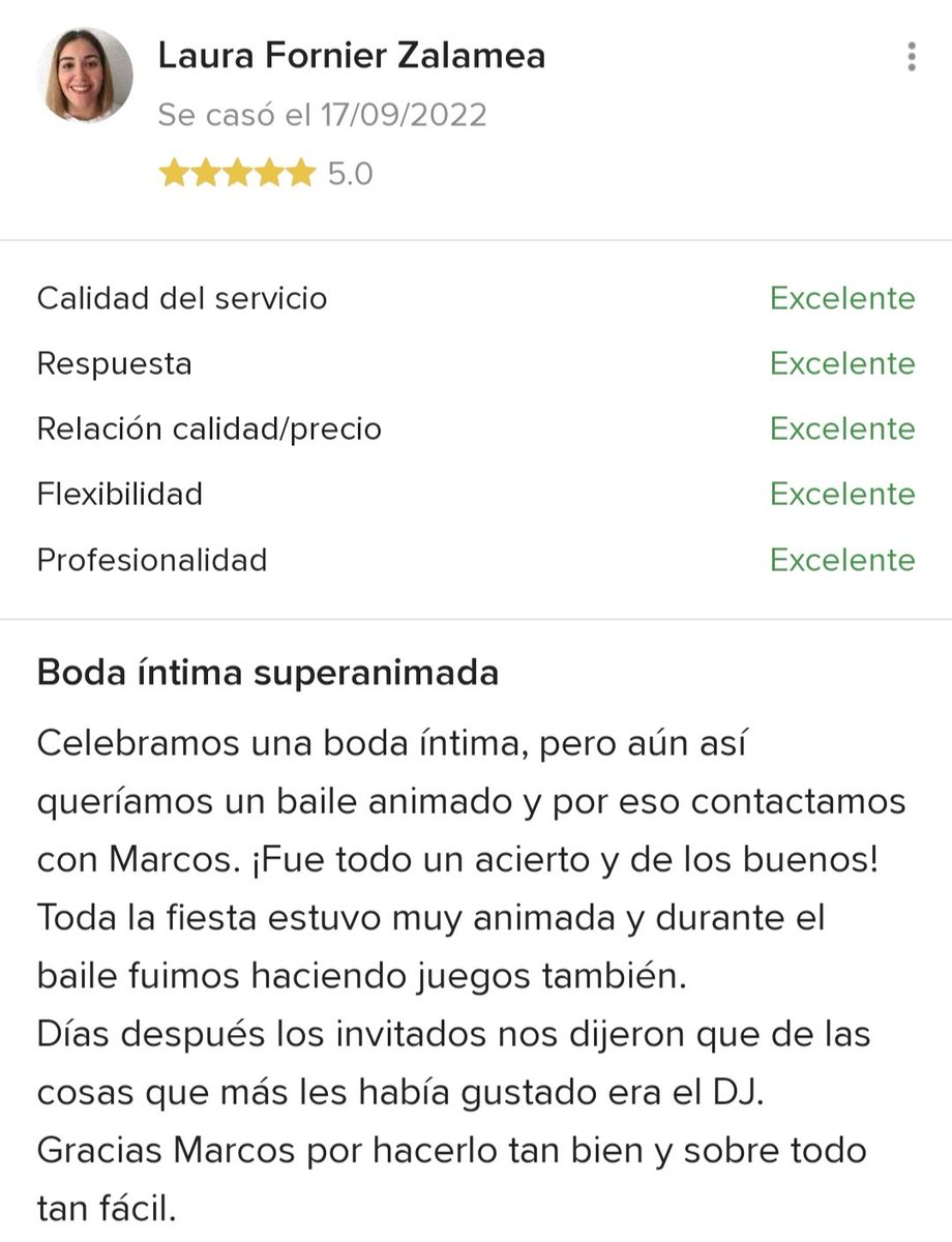 Nos encanta recibir opiniones 📝 en bodas.net. En esta ocasión nos la dejan Laura 👰‍♀️ &amp; Daniel 🤵, que se casaron el pasado sábado y contrataron nuestra discoteca móvil 🎧💃🕺. Muchísimas gracias