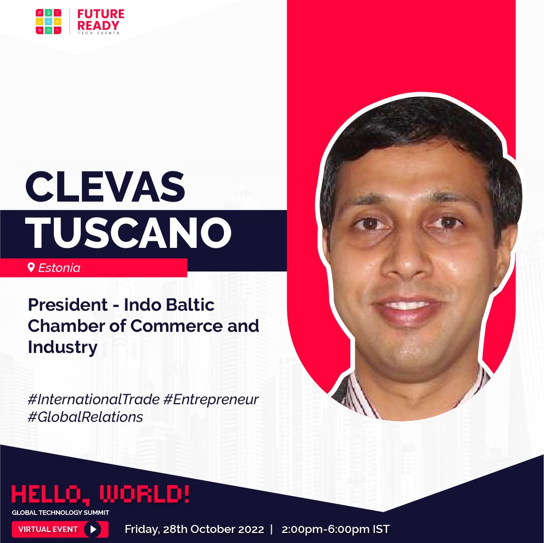 frtechevents's tweet photo. #SpeakerAnnouncement #HW2022
Let's hear it from Clevas Tuscano, President - Indo Baltic Chamber of Commerce and Industry from Estonia.
#InternationalTrade #Entrepreneur #GlobalRelations #AreYouFutureReady #HelloWorld2022 #Technology #GlobalTechSummit https://t.co/wXXg0X1HSs