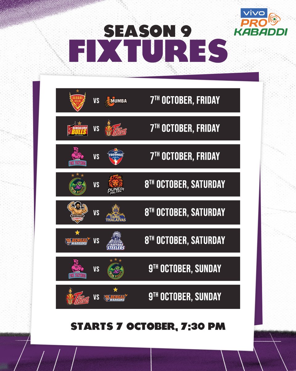 ProKabaddi's tweet photo. 🚨 ℙ𝔸ℝ𝕋 𝟙 𝕆𝔽 𝕋ℍ𝔼 𝕊𝔼𝔸𝕊𝕆ℕ 𝟡 𝕊ℂℍ𝔼𝔻𝕌𝕃𝔼 🚨

📍 Shree Kanteerava Indoor Stadium, Bengaluru
📍 Shree Shiv Chhatrapati Sports Complex, Balewadi, Pune https://t.co/4Mne3j2lgV