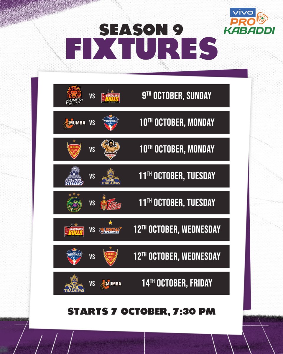 ProKabaddi's tweet photo. 🚨 ℙ𝔸ℝ𝕋 𝟙 𝕆𝔽 𝕋ℍ𝔼 𝕊𝔼𝔸𝕊𝕆ℕ 𝟡 𝕊ℂℍ𝔼𝔻𝕌𝕃𝔼 🚨

📍 Shree Kanteerava Indoor Stadium, Bengaluru
📍 Shree Shiv Chhatrapati Sports Complex, Balewadi, Pune https://t.co/4Mne3j2lgV
