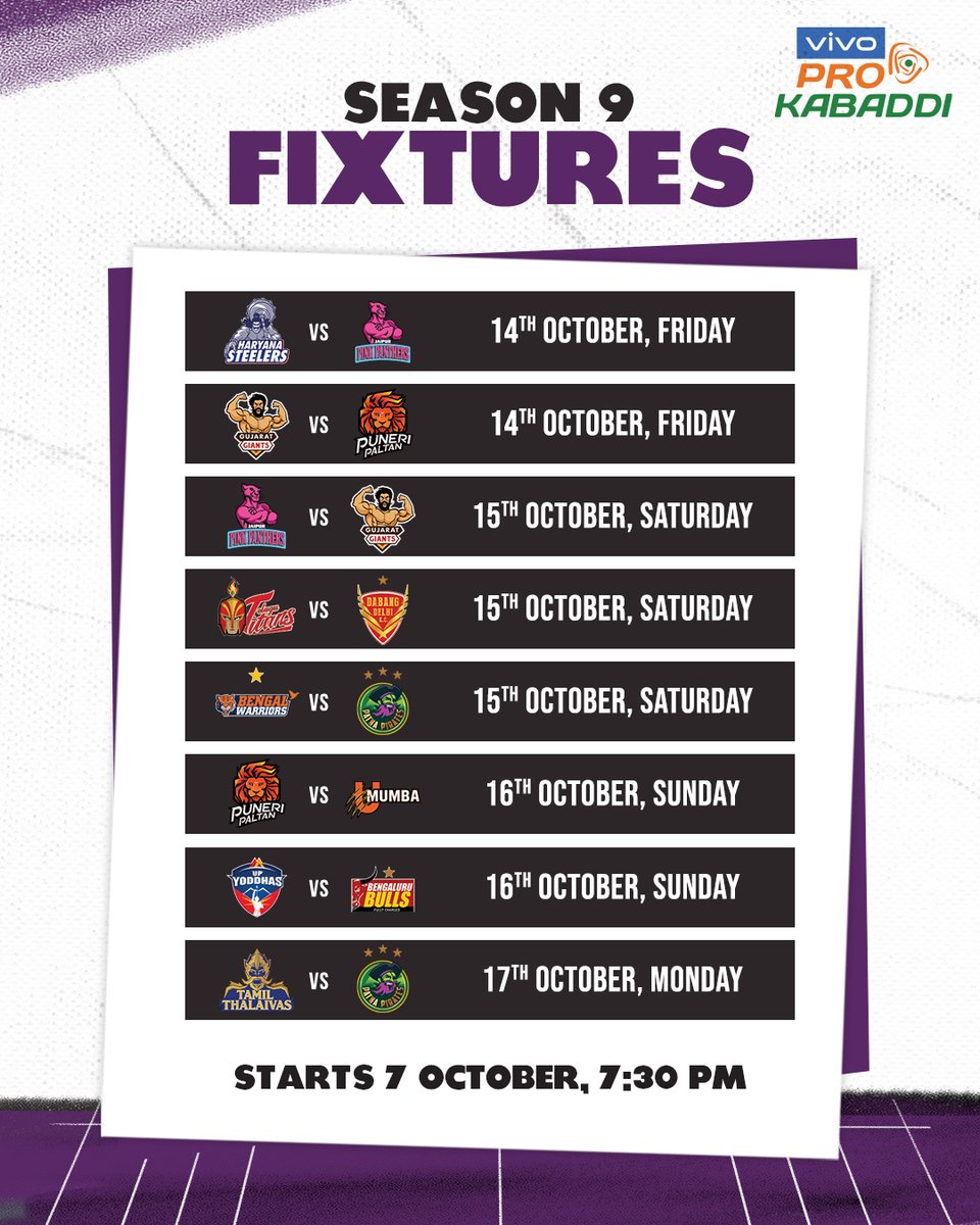 ProKabaddi's tweet photo. 🚨 ℙ𝔸ℝ𝕋 𝟙 𝕆𝔽 𝕋ℍ𝔼 𝕊𝔼𝔸𝕊𝕆ℕ 𝟡 𝕊ℂℍ𝔼𝔻𝕌𝕃𝔼 🚨

📍 Shree Kanteerava Indoor Stadium, Bengaluru
📍 Shree Shiv Chhatrapati Sports Complex, Balewadi, Pune https://t.co/4Mne3j2lgV