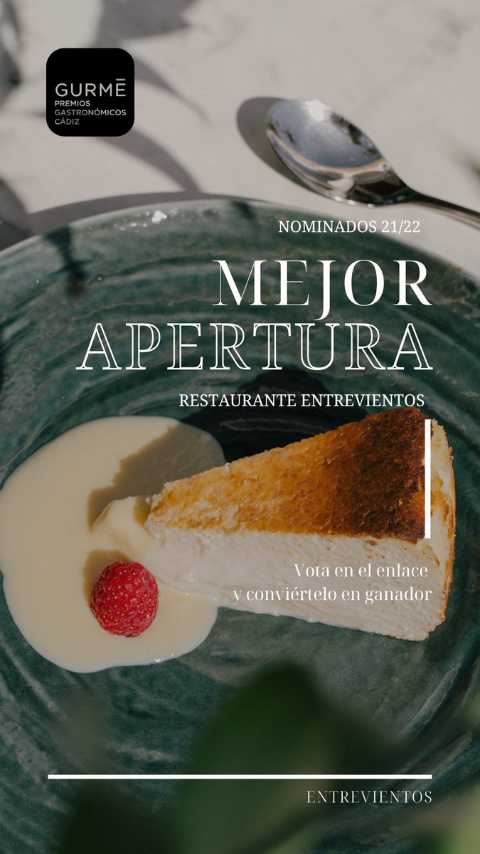 ¡Nuestro restaurante Entrevientos ha sido nominado a la mejor apertura de 2021/2022 por <a href="/GURMECadiz/">Gurmé Cádiz</a> ! El ganador será el que más votos consiga.
Puedes votar a continuación.
premiosgurmecadiz.es/mejor-apertura…

#GranMeliaSanctiPetri #EntrevientosRestaurante #premiosgurmecadiz