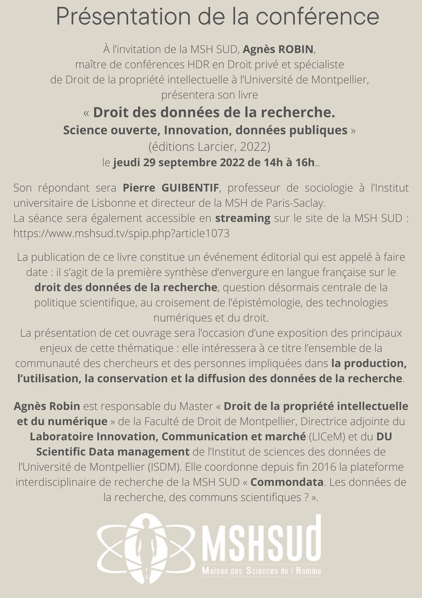 Présentation du livre DROIT DES DONNÉES DE LA RECHERCHE // 29 sept 14H // UPV site St Charles <a href="/LICeM_UM/">LICeM</a> <a href="/Faculte_DSP_UM/">Faculté Droit et Science politique de Montpellier</a> <a href="/umontpellier/">Université de Montpellier</a> <a href="/Master2_PI/">Master 2 IP/IT UM</a> <a href="/SciCommonData/">Agnès Robin CommonData</a> <a href="/MSHSUD/">MSH SUD</a> <a href="/Cirad/">Cirad</a> <a href="/ird_fr/">IRD.fr</a> <a href="/CNRS_OccitaniE/">CNRS Occitanie Est</a> <a href="/univpaulvalery/">Université de Montpellier Paul-Valéry</a>
