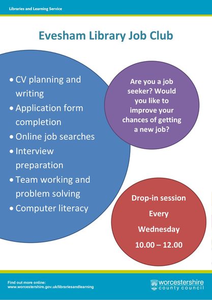 gemma_job's tweet photo. Don't forget, JOB CLUB @Evesham Library every Wednesday from 10am to 12.00pm - Come along to speak to the Job Coaches and learn how they could help you. 
#WeWorkTogether #WeMakeThingsBetter #WeDoTheRightThing #Fusion #BBO https://t.co/dKRLDcndMI