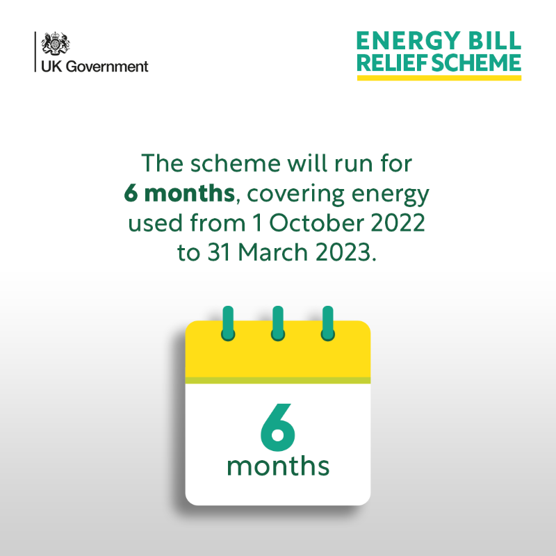 SciTechgovuk's tweet photo. The new Energy Bill Relief Scheme will cut energy prices for businesses, charities and public-sector organisations such as schools and hospitals.

The scheme will run for 6 months covering energy used from 1 October 2022 to 31 March 2023.

Find out more 👇