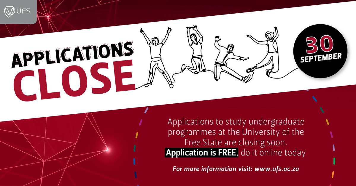 Kovsie2B's tweet photo. Important announcement 

Applications to study undergraduate programmes at the University of the Free State in 2023, close in 9 days.

Apply online today, visit: https://t.co/arg3FtitZ3 

#quality #impact #care https://t.co/VQ4ogRt9gO