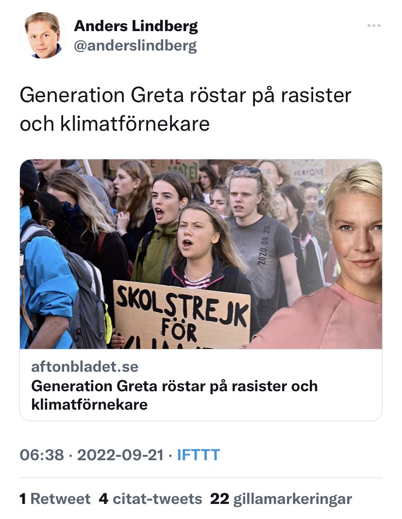 Ericson_ubbhult's tweet image. Nu skuldbelägger alltså Aftonbladets ledarsida hela den svenska ungdomsgenerationen för att de inte röstat som Aftonbladet vill. Det är faktiskt ganska vidrigt.
(Källa: Anders Lindbergs twitterkonto klockan 06.38 idag)