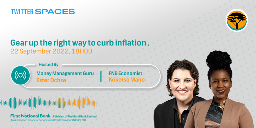 FNBSA's tweet image. Interest rate talks? What is the best way to adjust your finances to stay on top? 

Join #FNBSpaces this Thursday @ 18:00 as @esterochse and @KoketsoMano  unpack the topic.