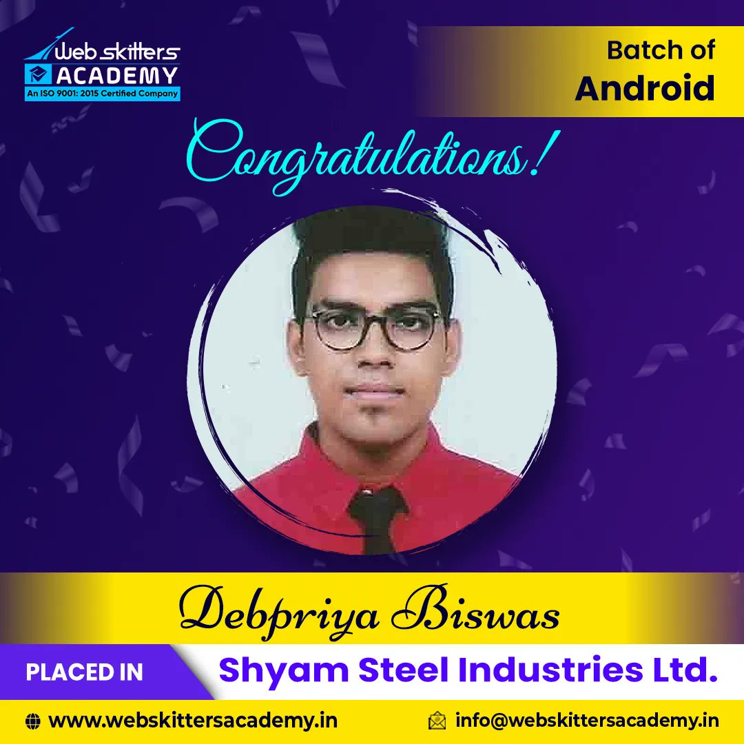 WebSkitters_Edu's tweet image. Congratulations Debpriya Biswas on completing your Android App Development Course, and today you have been placed in a reputed firm as an Android Developer!
Warm wishes for your success!
#WebskittersAcademy #AndroidAppDevelopment #AndroidAppDevelopmentCourse