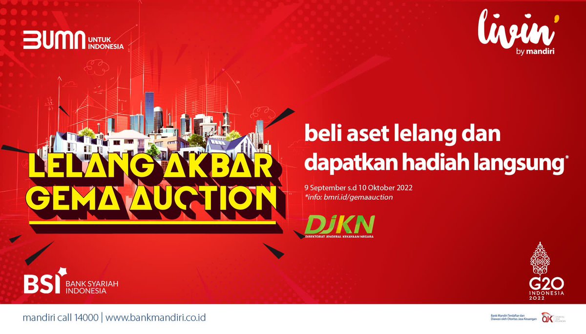 cincangdaging's tweet photo. Yuk, rayain HUT Bank Mandiri ke-24 bareng-bareng di Lelang Akbar Gema Auction yang diadain tanggal 9 September s/d 10 Oktober 2022.

Dapetin hadiah spesial secara langsung tiap pembelian asset lelang semasa periode. Info, klik https://t.co/iGCV4vfOK2

#mandiripromo https://t.co/SMh7cgszlx