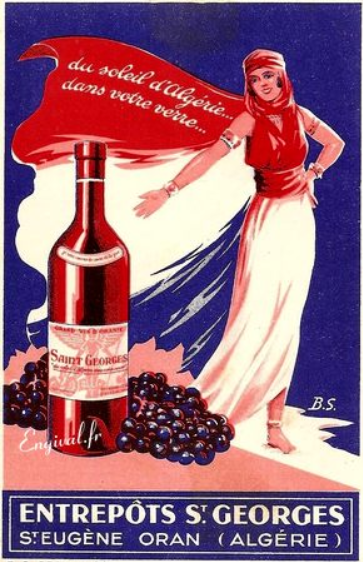 This fascinating #ColonialAdvert for #AlgerianWine (that I have no further information on) shows a French woman in Orientalised clothing promising buyers 'Algerian Sunshine in Your Glass'. The colours mirror the French flag. #DrinkingStudies Available via: engival.fr/const-divers-a…