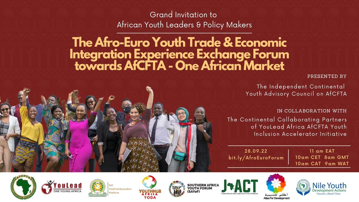 1/2 Presenting the first-ever AFRO-EURO Youth Trade & Economic Integration Forum. Bringing together young African & European professionals and entrepreneurs, national, regional, and continental leaders and policymakers. Register TODAY at bit.ly/AfroEuroForum