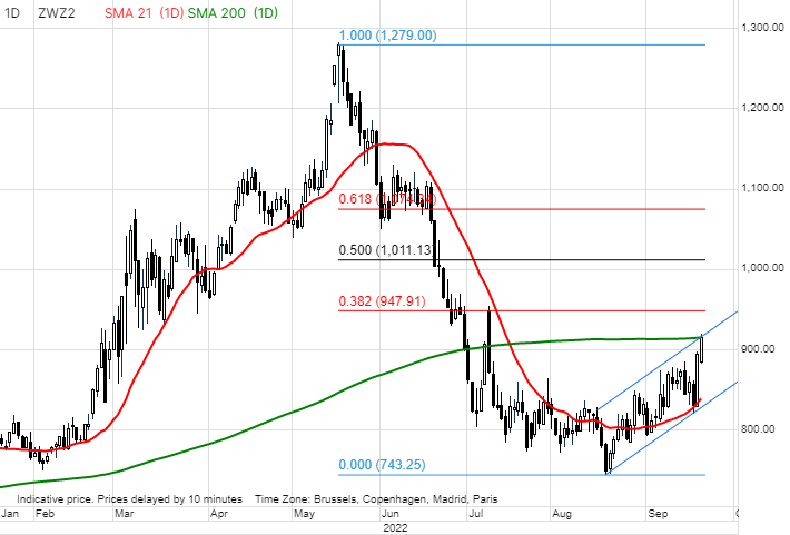 Ole_S_Hansen's tweet photo. Chicago #wheat briefly spiked above its its 200-day moving average at 914 5/8 cents/bu before finding sellers and resistance #W_f. Paris Milling wheat may open above a major resistance line at €340/tonx https://t.co/kttd0d5HiW