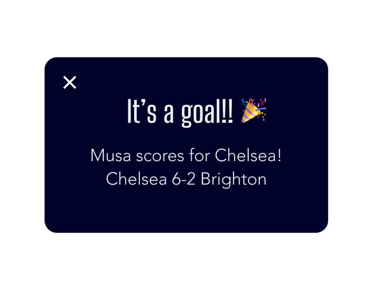 uxtobiaf's tweet photo. #UXWritingChallenge
Day 7
Scenario: A sports fan is at a wedding while their favourite team is playing against their arch-rivals. Their team scores.
Challenge: How would you, quickly, let the sports fan know about the latest play, the current score, and the key players? https://t.co/RnS3KtJgKj