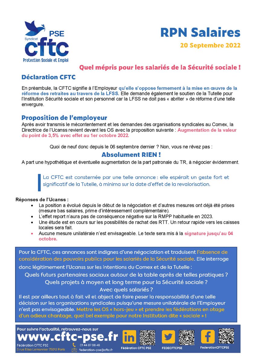 fedecftcpse's tweet photo. Pour la #CFTC, ces annonces sont indignes d’une négociation et traduisent l’absence de considération pour les salariés de la Sécurité sociale. De plus,  prendre les fédérations en otage d’un odieux chantage, quel bel exemple pour notre Institution dite « sociale » ! https://t.co/BufisnlwQL