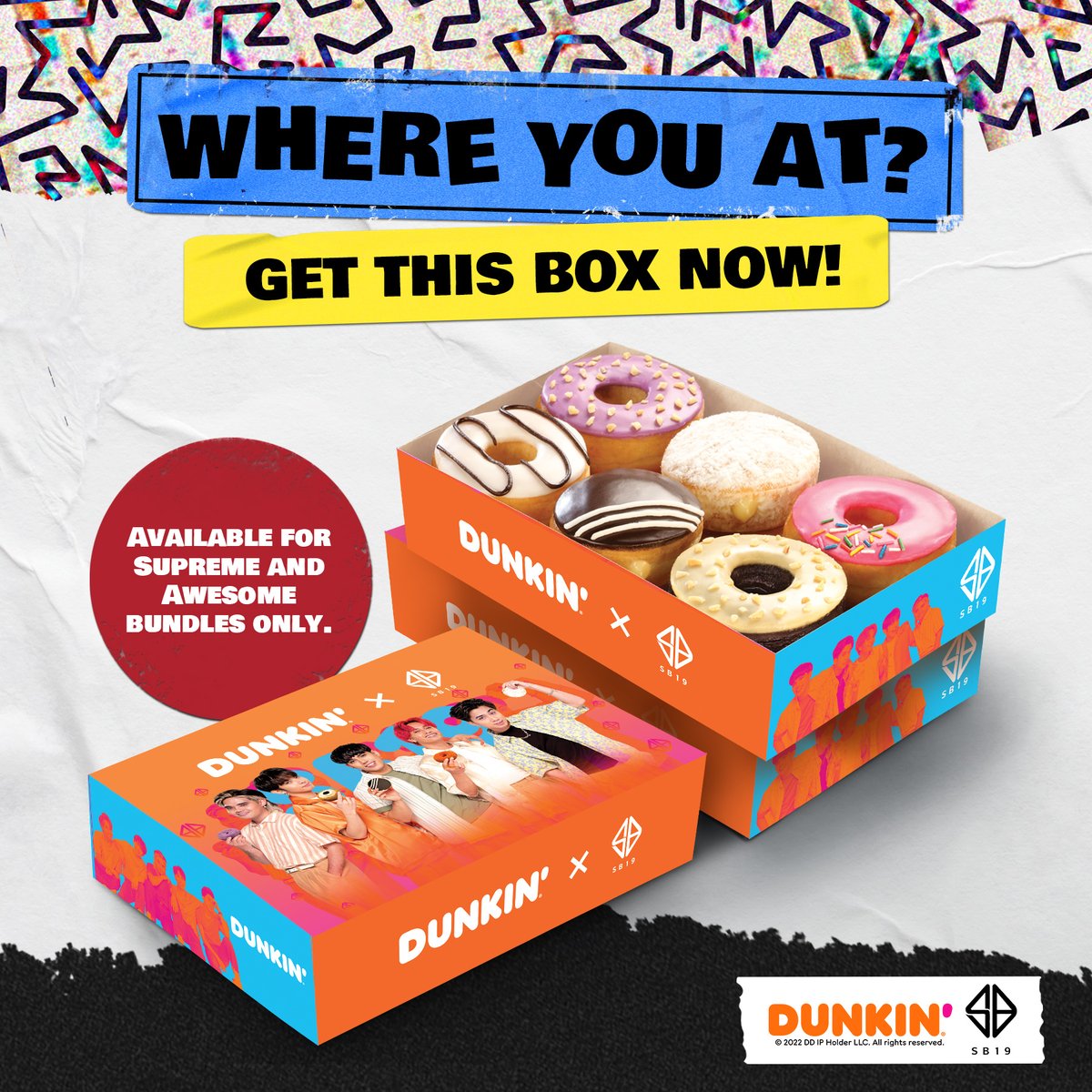 SB19Official's tweet photo. Dunkin's second surprise! Bring home this SB19 box when you avail @dunkinph Supreme or Awesome Bundle.

🔵 Now available in all Metro Manila stores.
🔵 Available in all stores nationwide starting October 15, 2022.

#DunkinPHxSB19 💠💙 https://t.co/FrFc7ofAUR