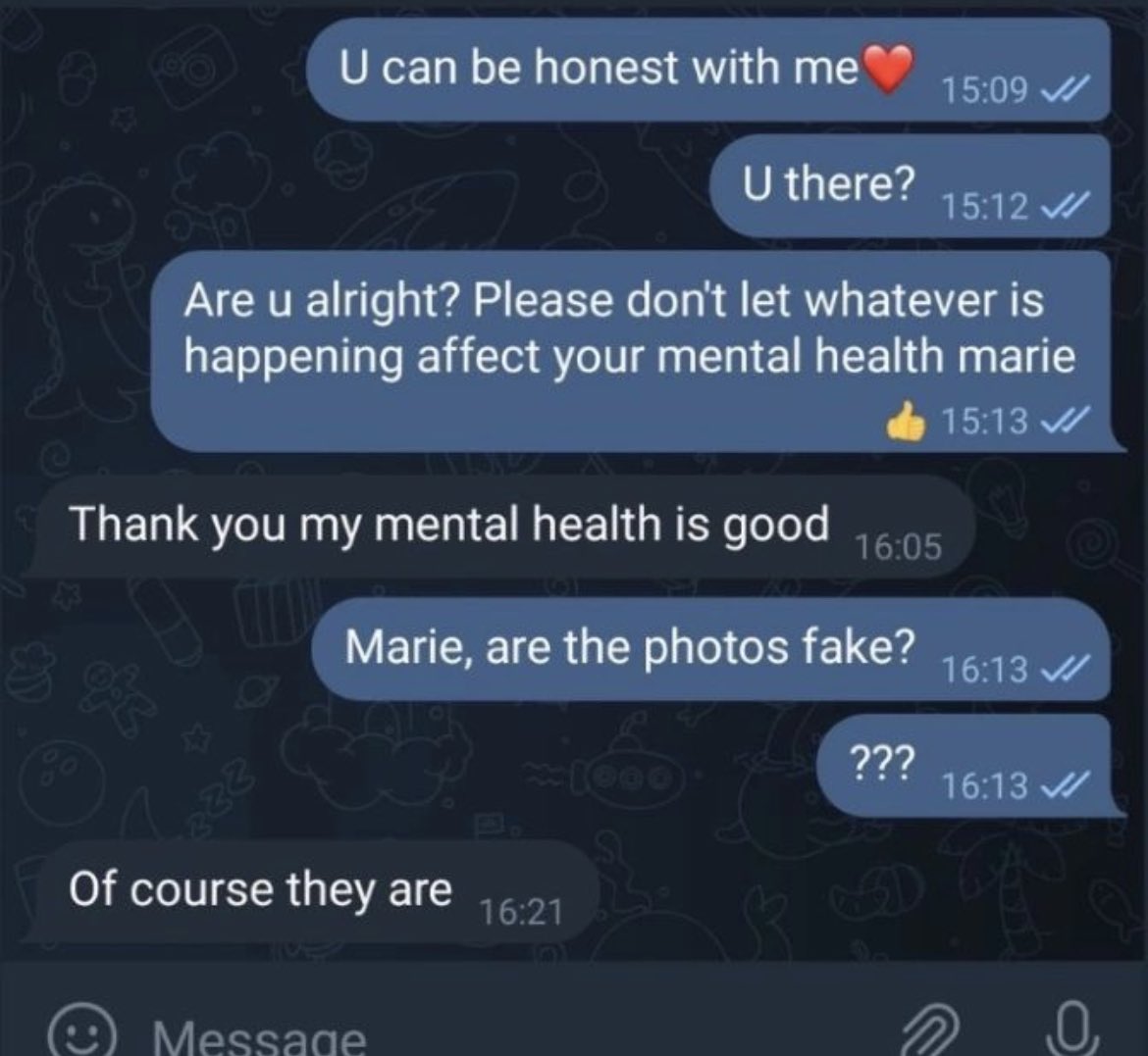 denialstfu's tweet photo. Anyone can fake their telegram name..
I saw a lot of ppl in telegram with the same name and pic of gurumi . They are all fake ! The real gurumi is on “ Jennie and Taehyung “ gc his user is @/gurumiharibo …
He’s a hacker
#savejennie #savetae #taennie #jennie #V https://t.co/S3QSqdjXDj