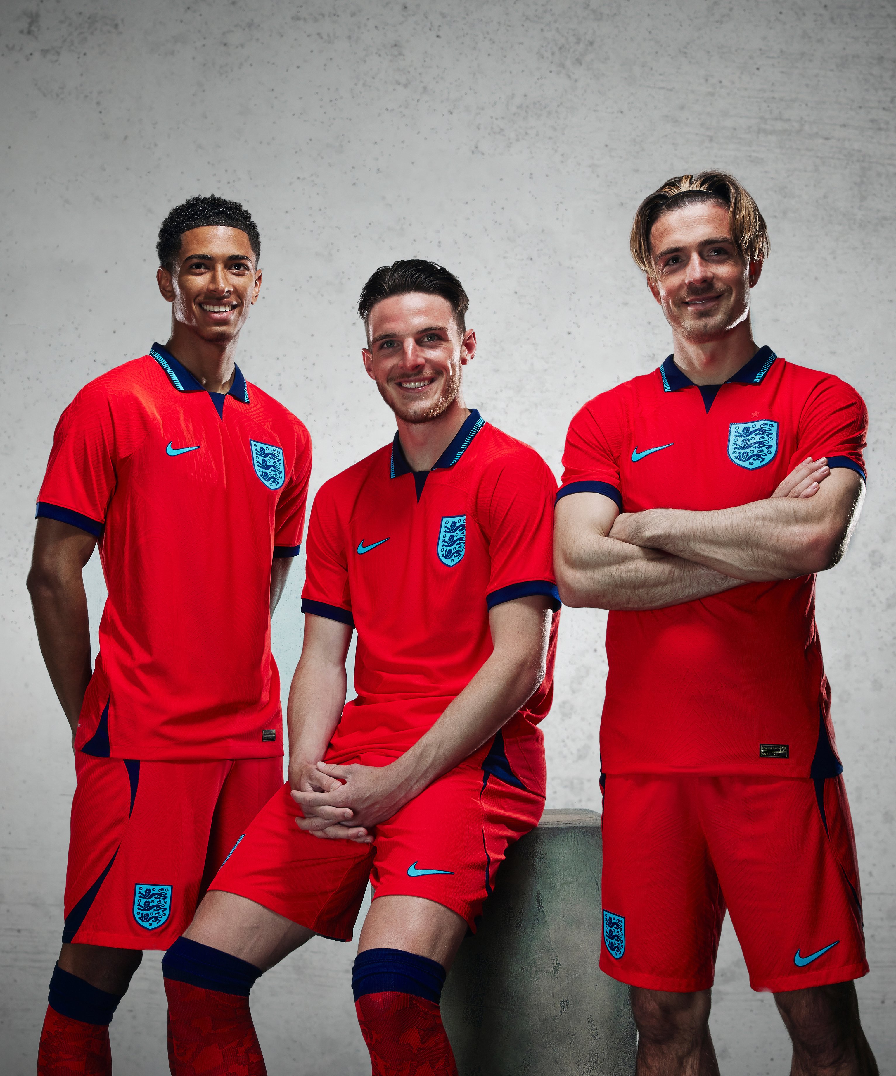 Jude Bellingham, Declan Rice and Jack Grealish in the new England men's away kit.