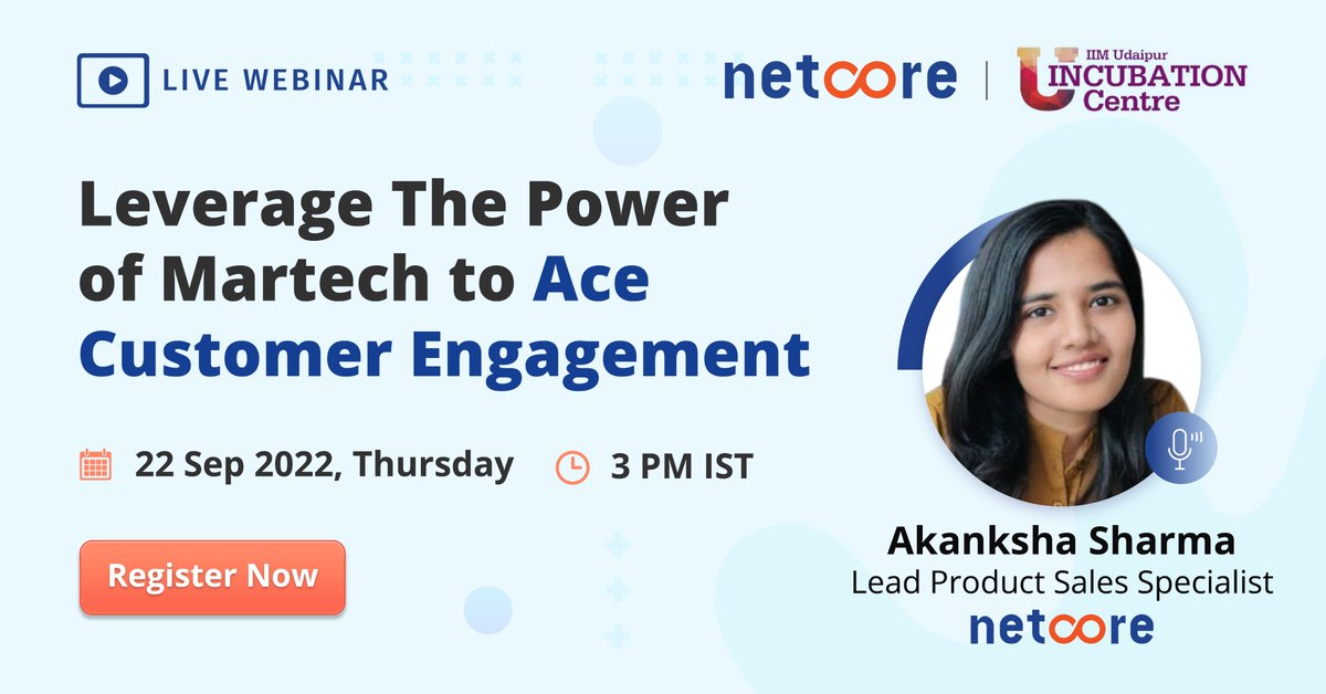 netcore_cloud's tweet photo. IIM-Udaipur Incubation Center and Netcore Cloud are hosting a session on how to Leverage the Power of Martech to Ace Customer Engagement.
Save this post and click on this link to join the session tomorrow-
https://t.co/obiDwsPcVu
#Netcoreforstartups #UserEngagement #Startups https://t.co/po9ZmW39Bc