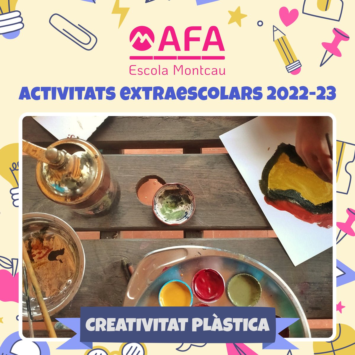 afamontcau's tweet photo. Que els infants expressin i donin forma a la teva imaginació és importantíssim. 

En l’extraescolar de creativitat plàstica aprendran a fer servir diferents materials artístics (pintura, dibuix,  construcció  amb materials de reciclatge, etc.)

+info: https://t.co/i35zbiWYB0 https://t.co/NGd591c3Nk
